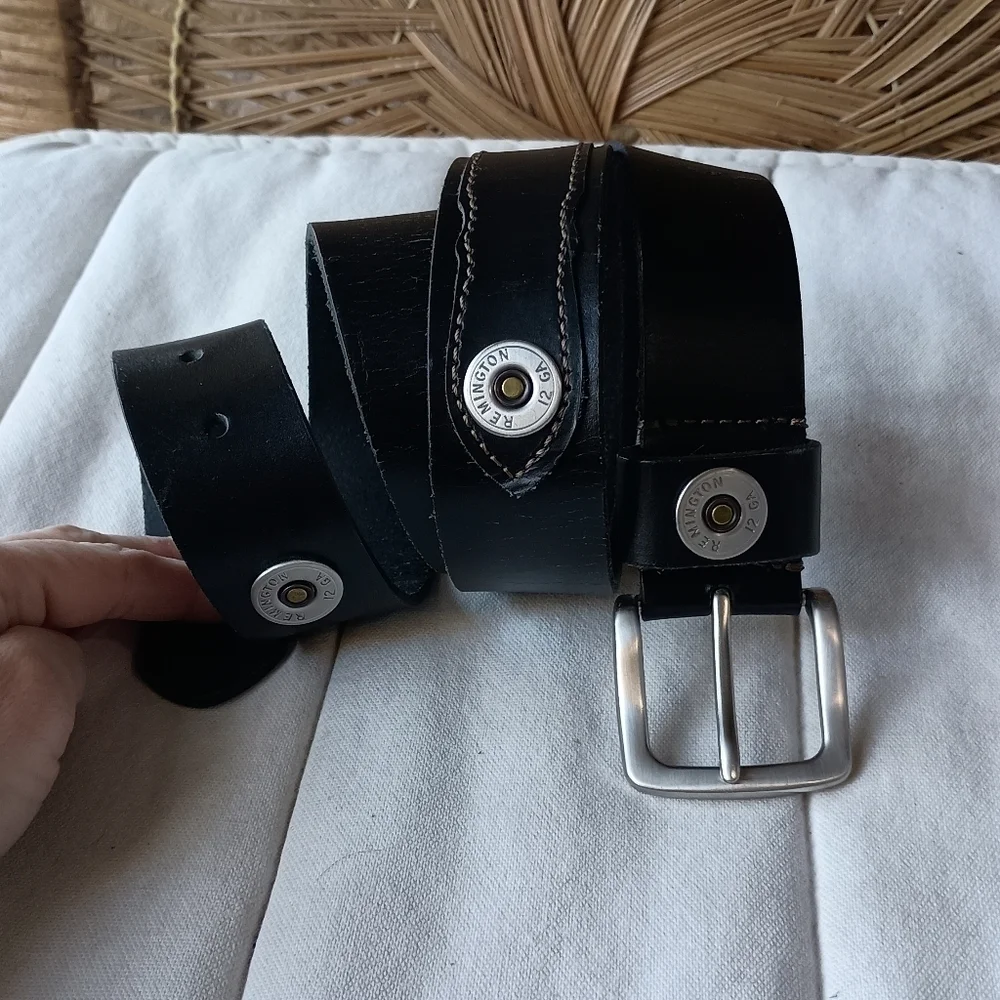 Vintage Remington 12 Gauge Black Leather Belt with Silver Buckle